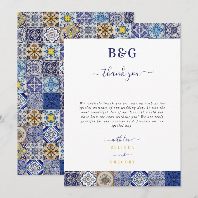 Cartão De Agradecimento Casamento de Padrão de Azulejos Portugueses do Med (Frente/Verso)