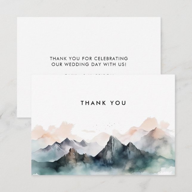 Cartão De Agradecimento Casamento de Paisagem de Montanha de Aquarela Mode (Frente/Verso)