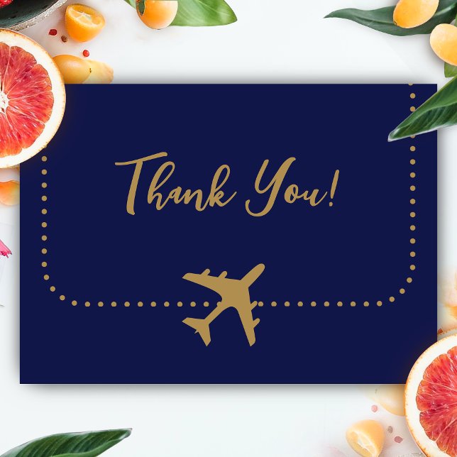 Cartão De Agradecimento Casamento de Passagem de Embarque Azul e Dourado (Boarding Pass Wedding Thank You Card)