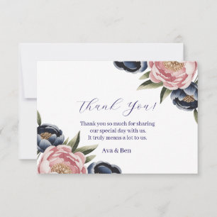 Cartão De Agradecimento Casamento de Penas Azuis-Blush e Marinho