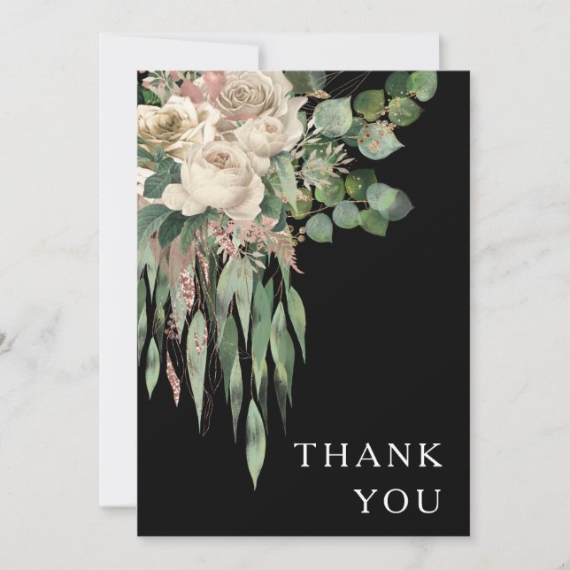 Cartão De Agradecimento Casamento de Peões Florais Negros Elegantes (Frente)
