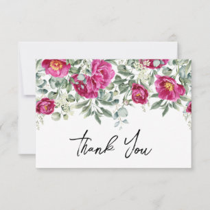 Cartão De Agradecimento Casamento de Peônias Magenta em Aquarela com Folha