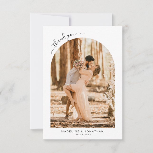 Cartão De Agradecimento Casamento de Porta de Fotografia com Script Preto  (Frente)