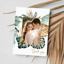 Casamento de praia com folhas tropicais Obrigado