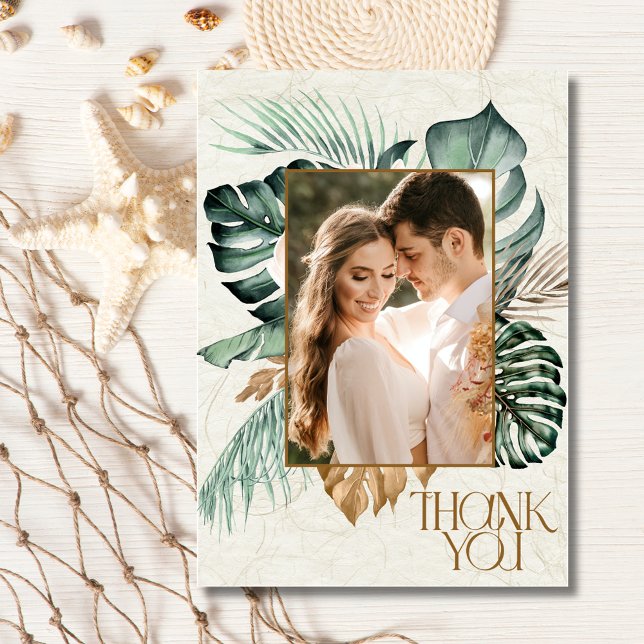 Cartão De Agradecimento Casamento de Praia Tropical Floral (Tropical Floral Photo Beach Wedding Thank You Card)
