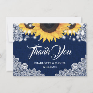 Cartão De Agradecimento Casamento de Renda Floral de Girassol Azul Marinho
