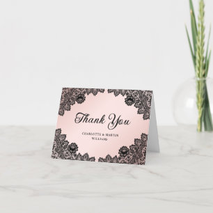Cartão De Agradecimento Casamento de rendas chocantes, preto e rosa,