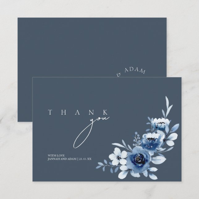 Cartão De Agradecimento Casamento de Rosas Azuis Simples em Ardósia (Frente/Verso)
