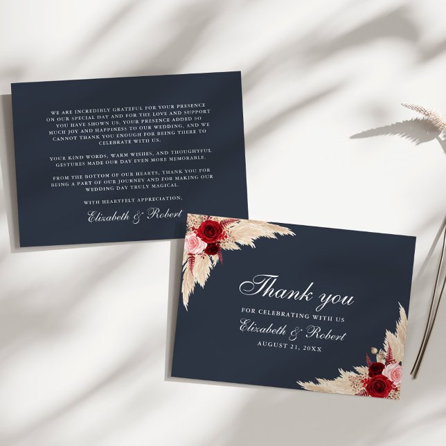 Cartão De Agradecimento Casamento de Rosas Blue Burgundy (Midnight Blue Burgundy Roses Wedding Thank You Card on a sunny white table.)