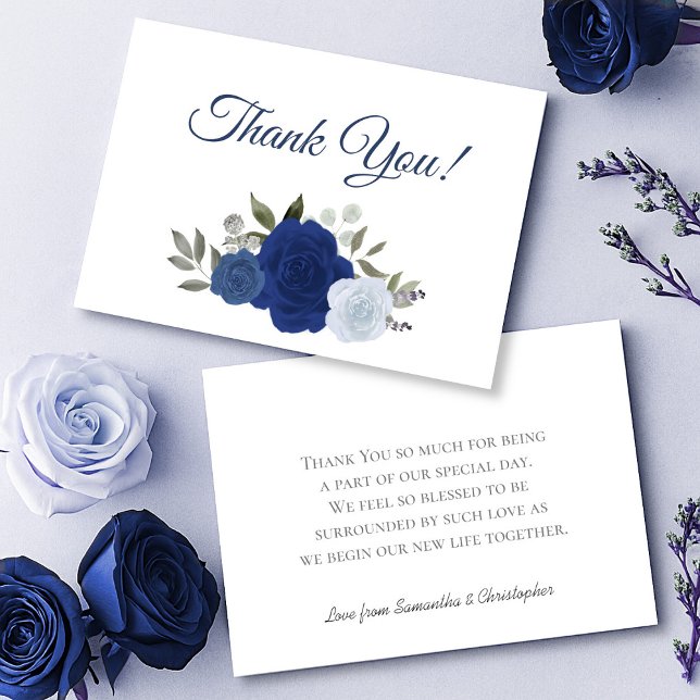 Cartão De Agradecimento Casamento de Rosas de Bico Azul Elegante Royal & D (Front/Back)