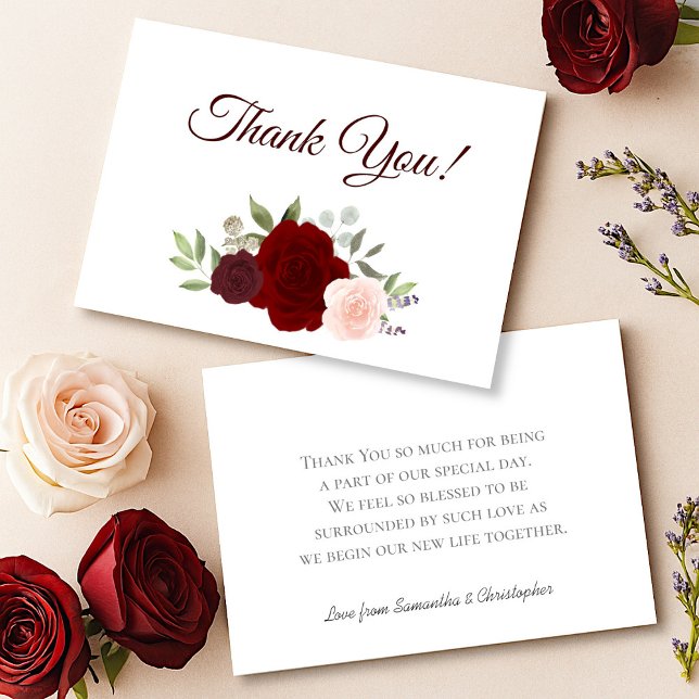 Cartão De Agradecimento Casamento de Rosas Elegante Burgundy Red & Blush B (Front/Back)