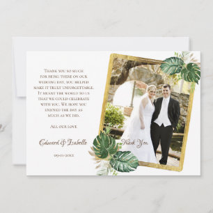 Cartão De Agradecimento Casamento de Saída de Monstera Verde e Dourada