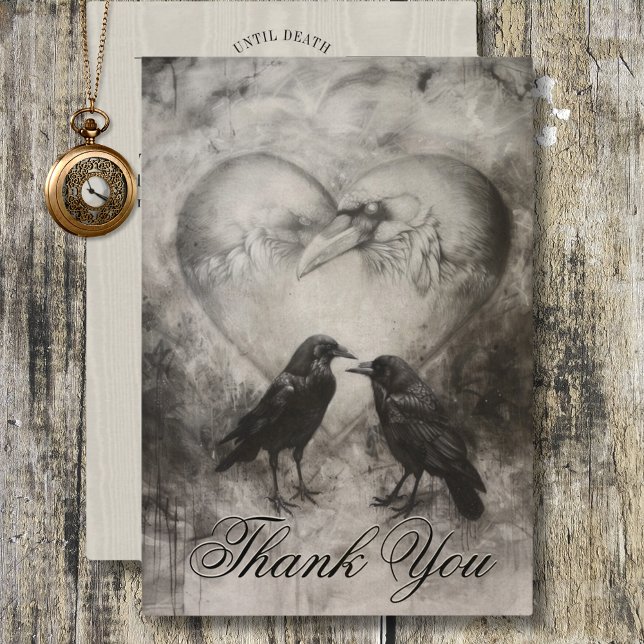 Cartão De Agradecimento Casamento de Script Black & Tan Raven Gótico Escur (Dark Gothic Black & Tan Raven Script Wedding Thank You Card)