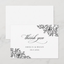 Cartão De Agradecimento Casamento de Script Branco Negro Floral Vintage