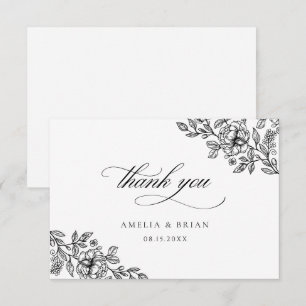 Cartão De Agradecimento Casamento de Script Branco Negro Floral Vintage