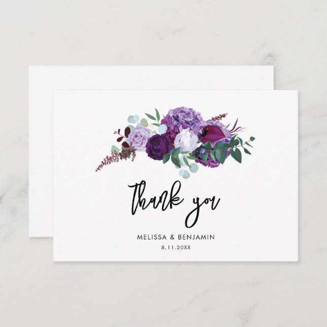 Cartão De Agradecimento Casamento de Script de Aquarela Floral Roxo (Frente/Verso)