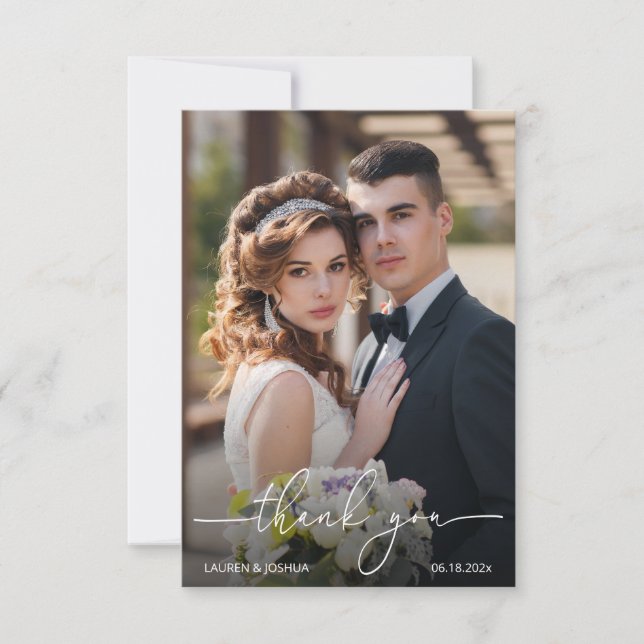 Cartão De Agradecimento Casamento de Script de Foto Monograma (Frente)