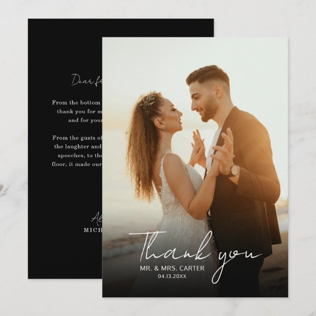Cartão De Agradecimento Casamento de Script de Manuscrito Branco e Preto C (Frente/Verso)