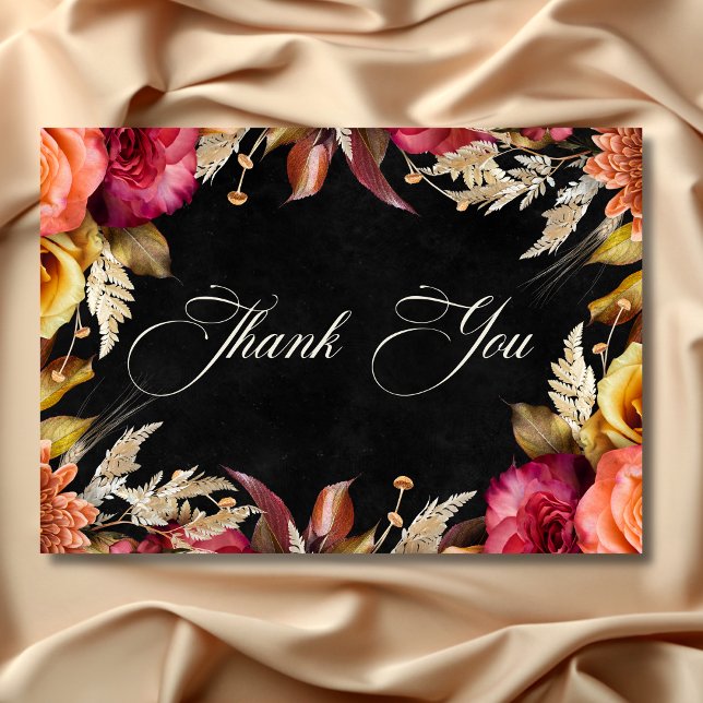 Cartão De Agradecimento Casamento de Script Floral Boho Boho Negra Elegant (Elegant Black Vibrant Boho Floral Script Wedding Thank You Card)