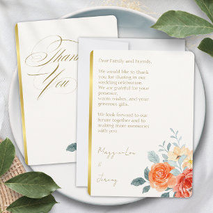 Cartão De Agradecimento Casamento de Script Floral Dourado Elegante
