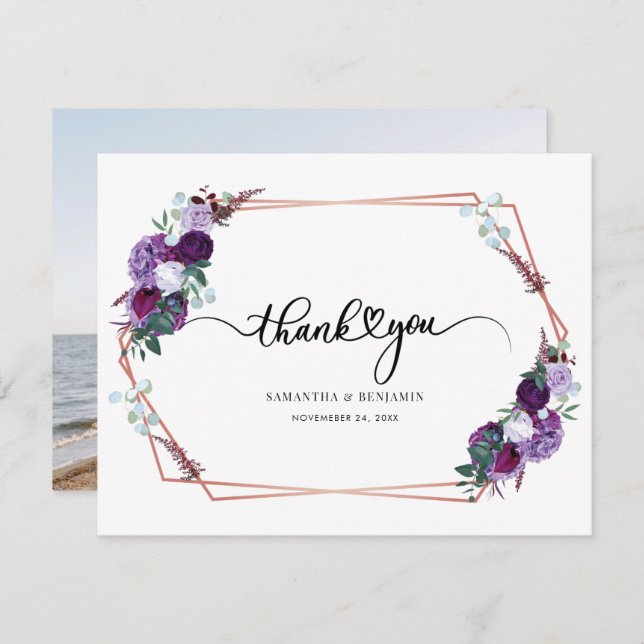 Cartão De Agradecimento Casamento de Script Floral Roxo (Frente/Verso)