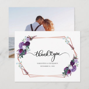 Cartão De Agradecimento Casamento de Script Floral Roxo