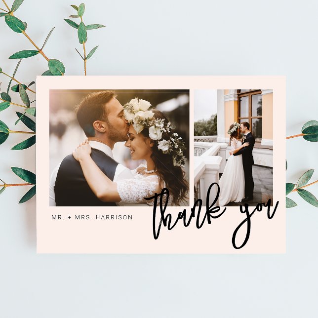 Cartão De Agradecimento Casamento de Script Moderno Mínimo 2 Fotos (Criador carregado)