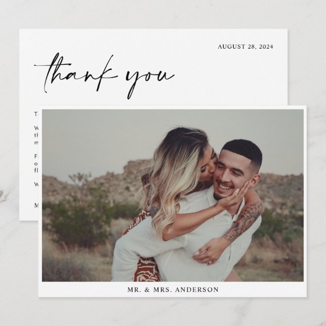 Cartão De Agradecimento Casamento de Script Preto com Caligrafia Simples d (Frente/Verso)