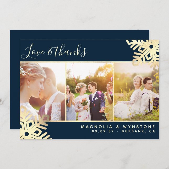 Cartão De Agradecimento Casamento de Snowflake com Foto Gold Foil (Frente/Verso)