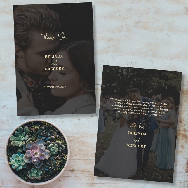 Cartão De Agradecimento Casamento de Sobreposição de Foto Dourado 2 Modern (Modern Black Gold 2 Photo Overlay Wedding Thank You Card)
