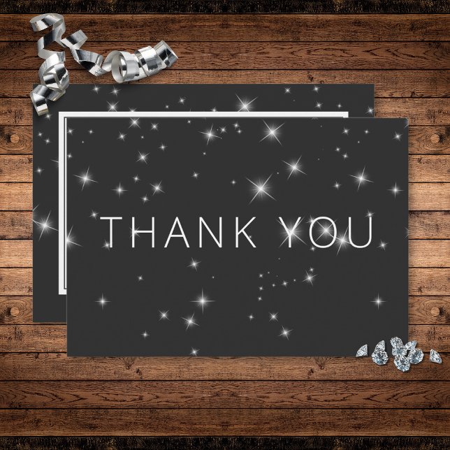 Cartão De Agradecimento Casamento de Sparkle Black Winter Modern (Modern Charcoal Black Winter Sparkle Wedding Thank You Card)