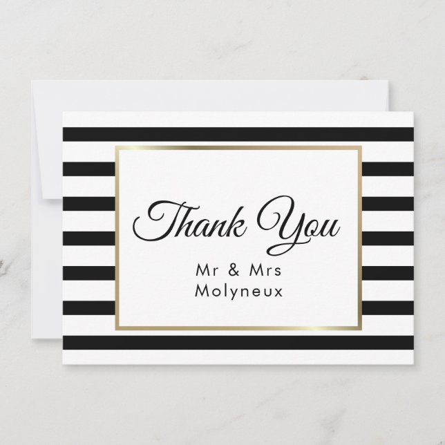 Cartão De Agradecimento Casamento de Stripe Clássico| Faux Gold Foil Obrig (Frente)