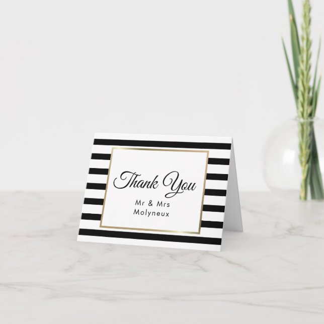 Cartão De Agradecimento Casamento de Stripe Clássico| Faux Gold Foil Obrig (Frente)