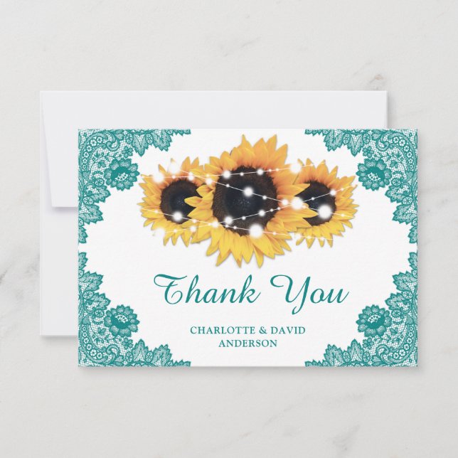 Cartão De Agradecimento Casamento de Teal Rustic Chic Lace Sunflower (Frente)