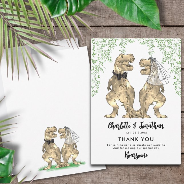 Cartão De Agradecimento Casamento De Tema Dinossauro Obrigado (Funny T-Rex bride and groom dinosaur themed wedding thank you card )