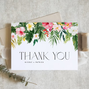 Cartão De Agradecimento Casamento de Verão com Flores Tropicais de Aquarel