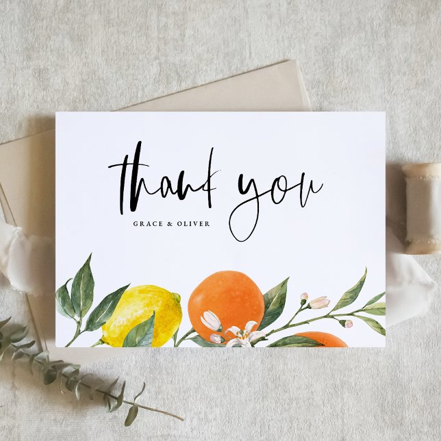 Cartão De Agradecimento Casamento de Verão com Laranja Botânico e Limão (Botanical Orange and Lemon Summer Wedding Thank You Card)