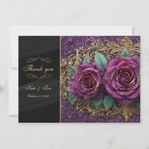 Cartão De Agradecimento Casamento de Violetas Rosas Douradas Florais Escur