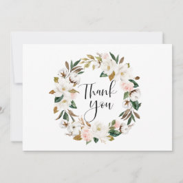 Cartão De Agradecimento Casamento de Watercolor Magnolias e Cotton Wreath