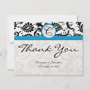 Cartão De Agradecimento Casamento do Black Damask Aquamarine Obrigado