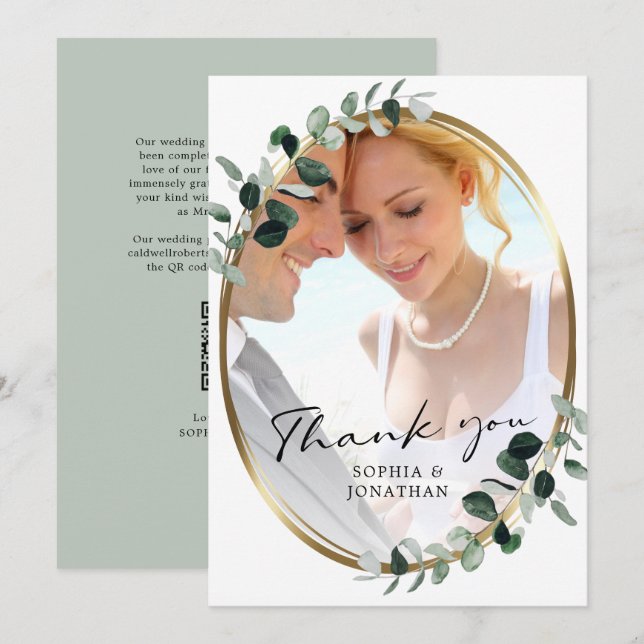 Cartão De Agradecimento Casamento do Código QR da Caligrafia Moderna Eucal (Frente/Verso)