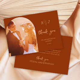 Cartão De Agradecimento Casamento do Monograma de Foto Laranja Queimada Mo