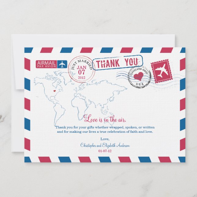 Cartão De Agradecimento Casamento do Ohio Air Mail Obrigado (Frente)