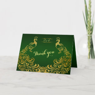 Cartão De Agradecimento Casamento do Pavão Dourado Verde Real OBRIGADO