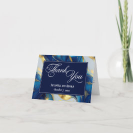 Cartão De Agradecimento Casamento Dourado, Azul e Branco Elegante Obrigado