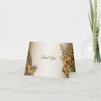 Cartão De Agradecimento Casamento Dourado Bege Floral Borboleta Vintage