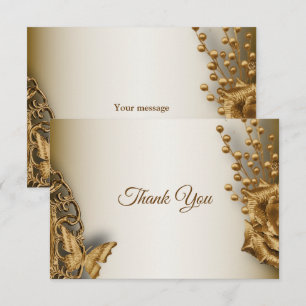 Cartão De Agradecimento Casamento Dourado Bege Floral Borboleta Vintage