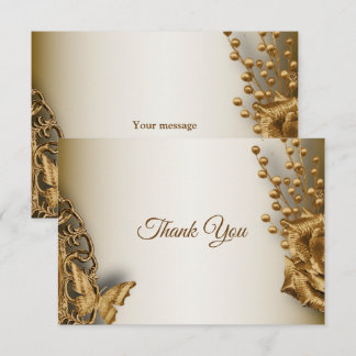 Cartão De Agradecimento Casamento Dourado Bege Floral Borboleta Vintage