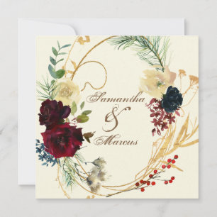 Cartão De Agradecimento Casamento Dourado Burgundy Red Watercolor Floral W