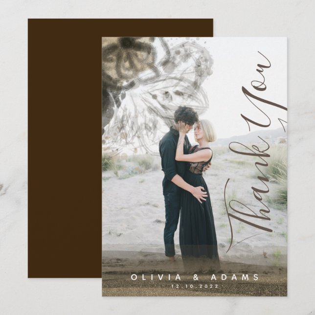 Cartão De Agradecimento Casamento Dourado com Abstrato Floral de Foto Pers (Frente/Verso)